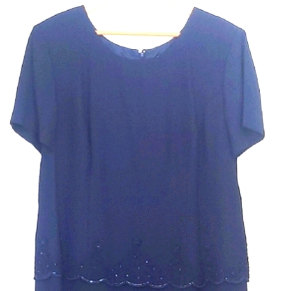 Formal Maxi Dress Dark Navy Sequin Embroidered Trim Short Sleeve - Picture 1 of 12